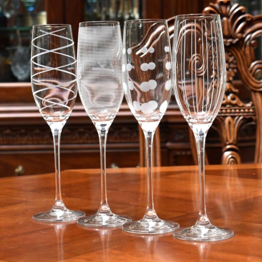 Mikasa Cheers Champagne Flutes Set of 4 Etched Crystal Toasting Glasses Signed